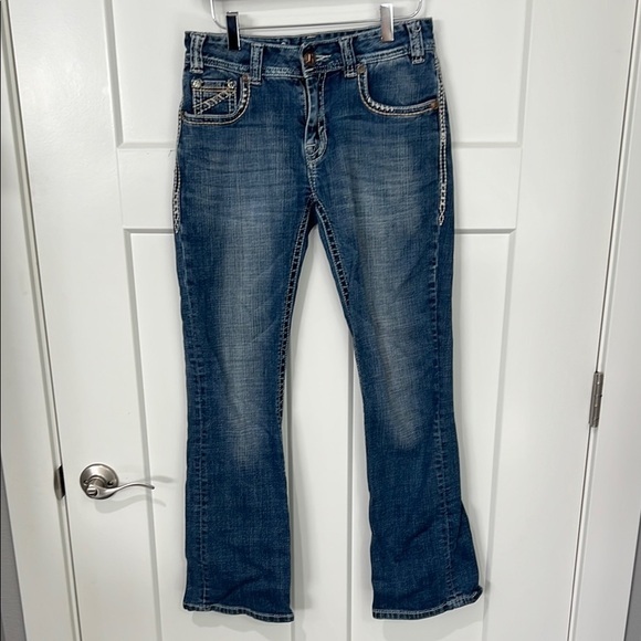 Rock & Roll Cowgirl Blue Boot Cut Jeans with Thick Stitching Sz 27x32 - Picture 1 of 8